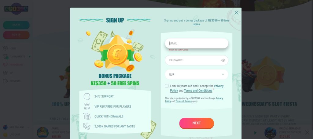 Screenshot of Spinia online casino registration page