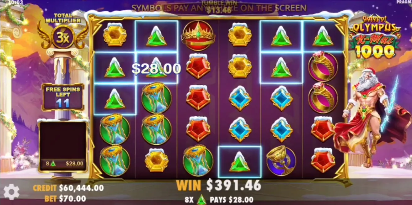 Screenshot of Gates of Olympus Xmas 1000 slot by Pragmatic Play game in demo mode-1