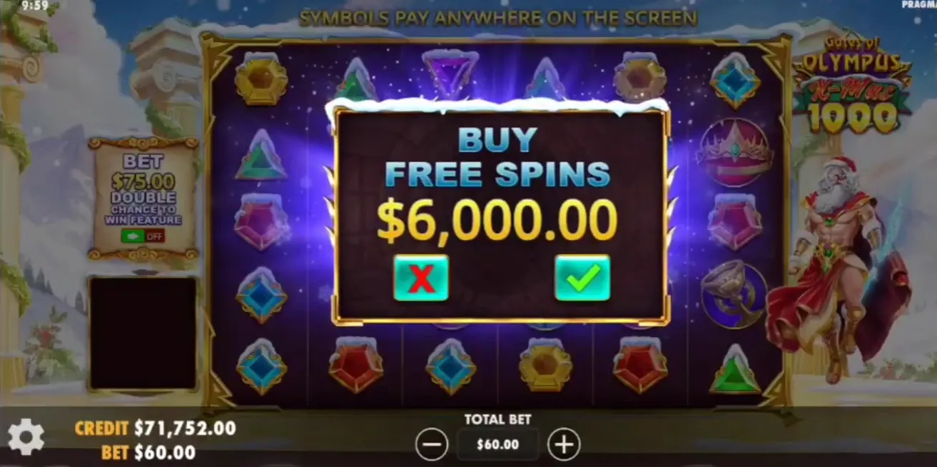 Screenshot of Gates of Olympus Xmas 1000 slot by Pragmatic Play game in demo mode-2